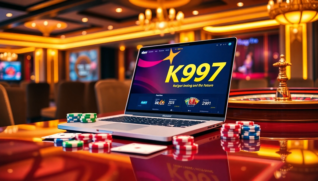 Plataforma de jogos online K997 mostrando ação de cassino com fichas de poker e cartas.