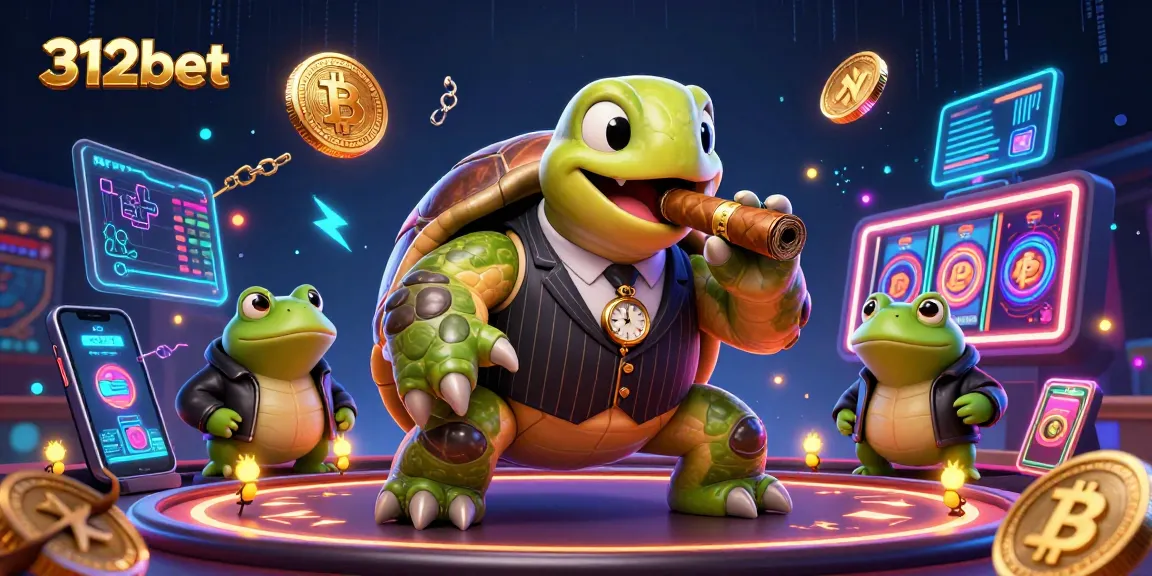 Experience the thrilling slots at 312bet with cartoon characters, neon lights, and vibrant casino elements.