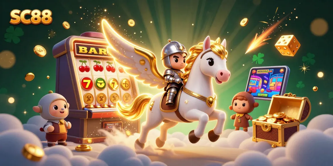 Experience the thrill of winning at SC88 with a celestial knight on a golden winged horse amid explosive casino games.
