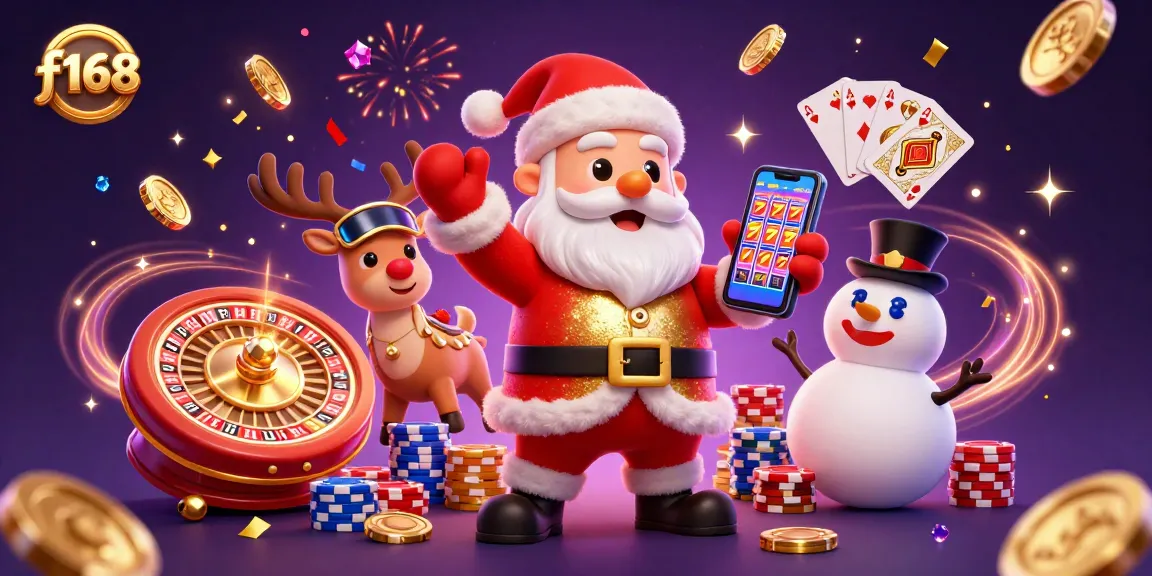 Spin the reels at f168 casino with Santa and friends amidst glimmering gold and vibrant casino elements.