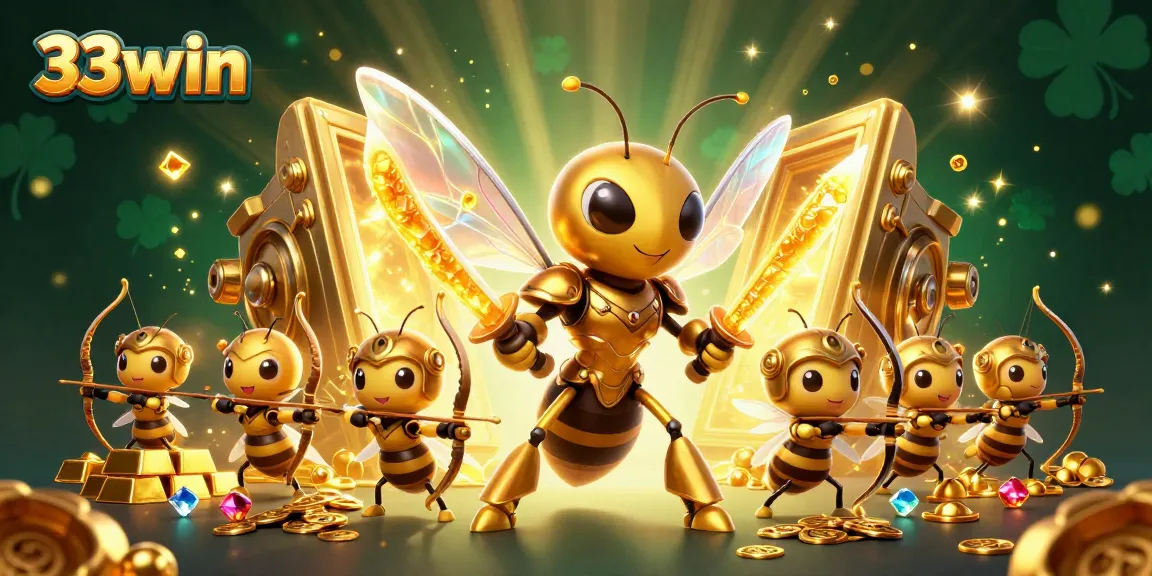 Engage with 33win's vibrant casino scene featuring samurai hornet warriors and golden treasures.