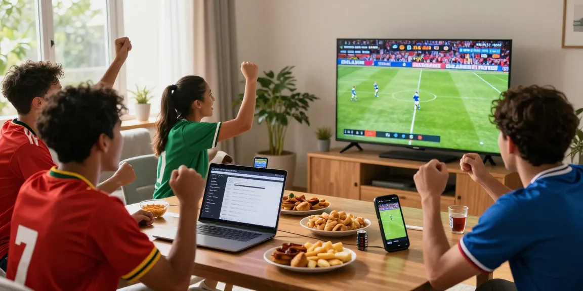 BOLAKAMI app displayed in a lively sports streaming party setting, capturing exciting moments during a football match.