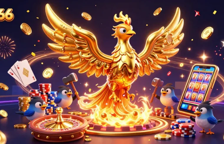 Experience the thrilling world of mb66 gaming with a golden phoenix and dynamic casino elements.