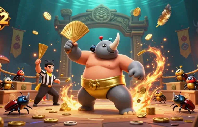 Engage in game B52 Club with a vibrant 3D scene of a beetle champion and gold coins flying
