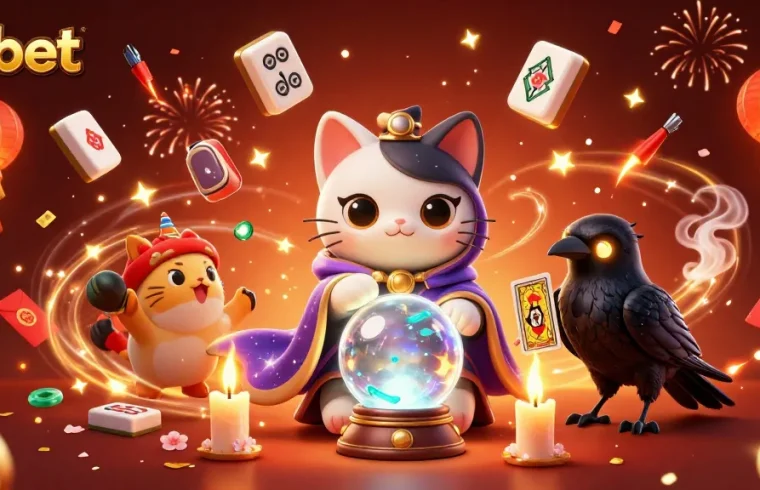 dabet players reading fortunes with tarot and Mahjong tiles in a mystical casino setting