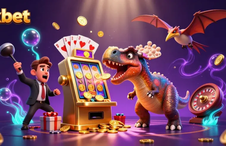 Experience excitement at 8xbet as a dinosaur hits a golden slot machine, creating a coin frenzy.