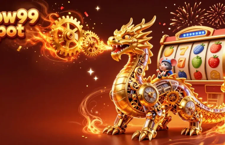 Mengambil kemenangan di wow99 slot dengan naga emas mekanis dan simbol keberuntungan di sekitar