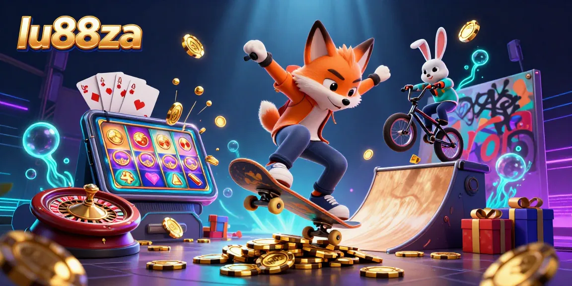 Experience the excitement of lu88za with a vibrant casino-themed 3D illustration showcasing dynamic characters and classic game elements.