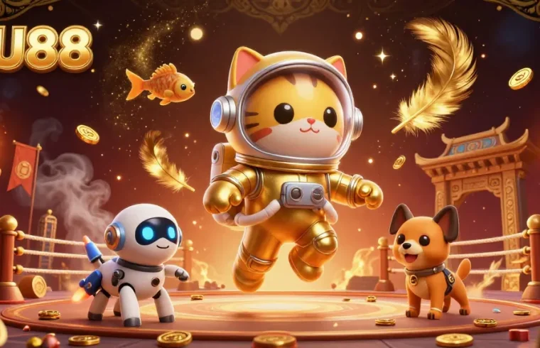 Engage with VU88's dynamic gaming scene featuring a cat astronaut and robot dog in an energetic casino setting.