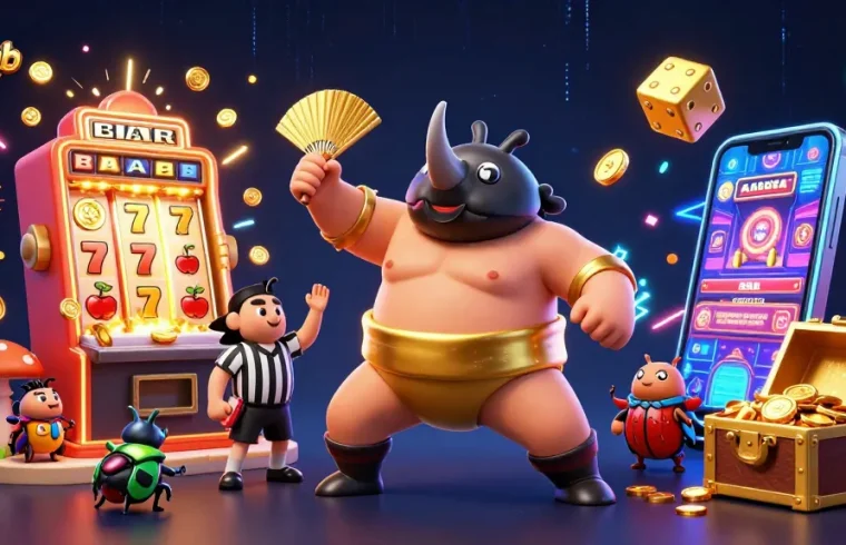 Experience the thrill at hitclub vin, where a cartoon rhinoceros beetle sumo champion triumphs amidst flying coins and jackpots.