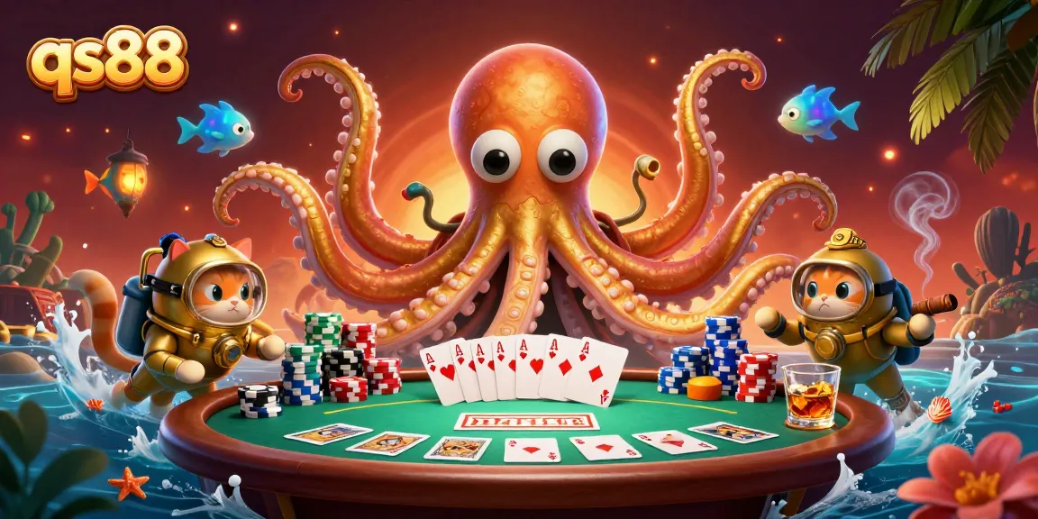 Engage with qs88's thrilling poker scene featuring a kraken and diving cat amidst vibrant game elements.