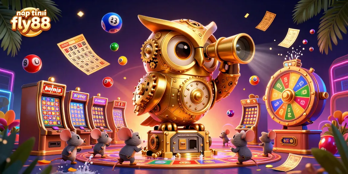 Nạp tiền fly88 in a vibrant casino scene featuring a golden owl, animated lottery balls, and exciting game elements.