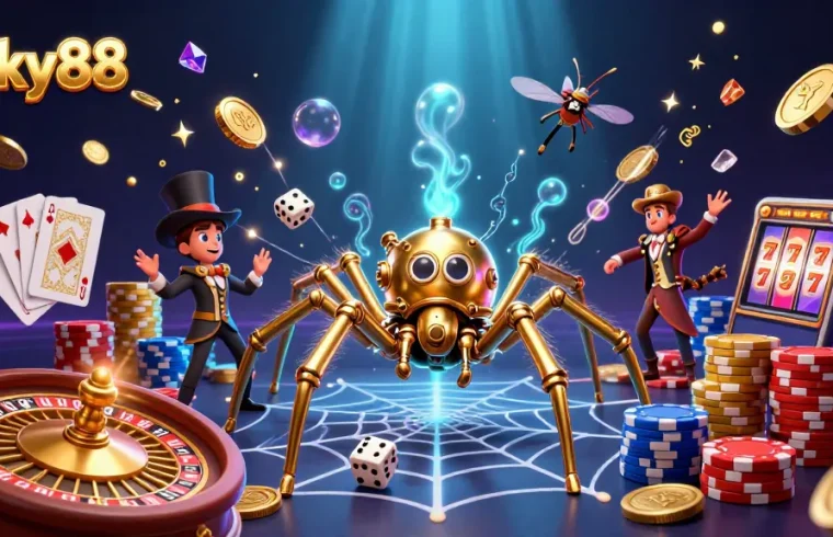 Engage in evolving luck at lucky88's 3D casino with a steampunk spider and vibrant gaming scene.