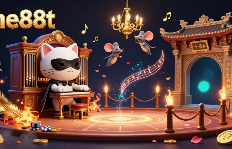 Experience excitement at one88t casino with a captivating scene featuring a phantom cat and acrobat amidst golden casino elements.