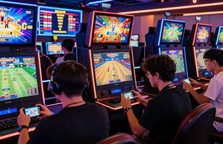 Engaging online gaming environment at https://qs88.us/ with diverse players, vibrant screens, and live betting excitement.