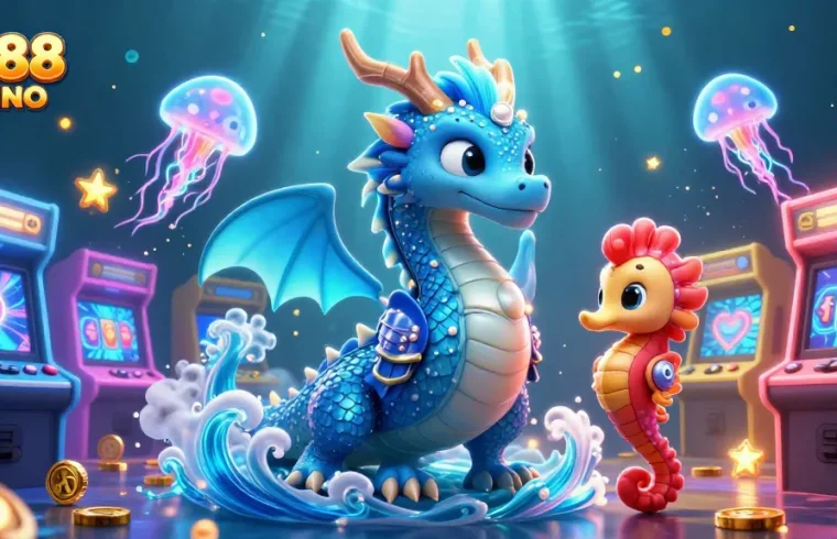 Experience the thrilling games at QS88 CASINO with vibrant 3D dragon and arcade elements.