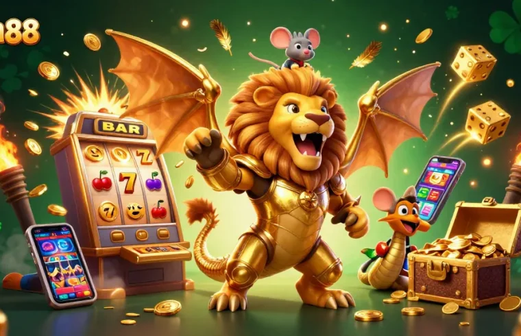 Spin the man88 jackpot with a chimera and mouse jockey amid dazzling casino elements.