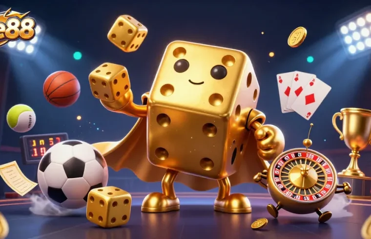 Engage with five88's dynamic casino experience featuring a golden dice golem and sports elements.