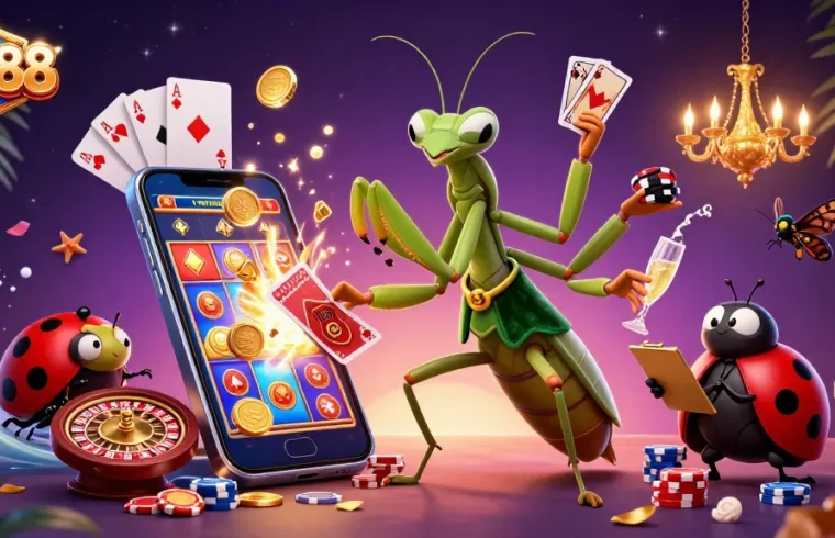 ML88 showcases vibrant casino action with a giant praying mantis card sharp and ladybug pit boss.