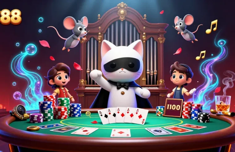 Experience excitement at QS88 with animated casino characters amid poker action and vibrant decor.