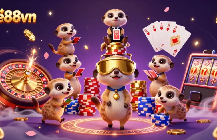 Experience the vibrant action at five88vn's casino with lively meerkats managing games and a wealth of golden rewards.