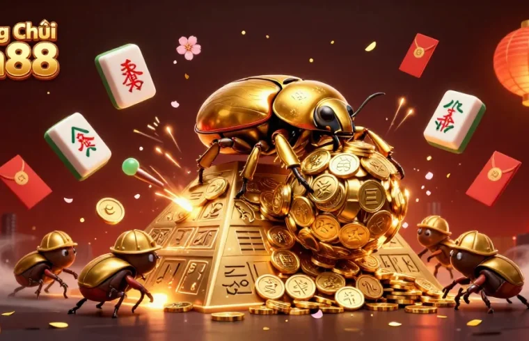 Experience the excitement of Trang Chủ Da88 with golden beetles and casino elements in stunning 3D art.
