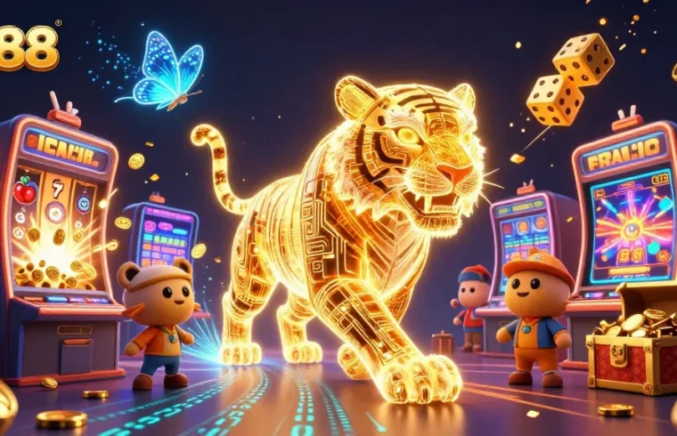 sv88 showcases an energetic 3D casino scene featuring a golden tiger amidst a jackpot explosion.