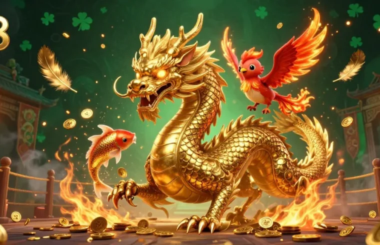 Experience thrilling wins with O8's vibrant casino scene featuring a dragon and phoenix.
