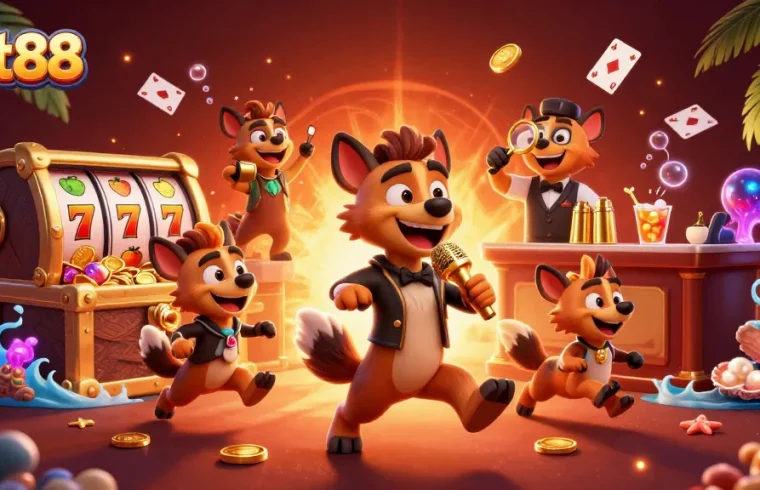 Join the fun at net88 with hyenas in a comedy casino scene featuring gambling elements.