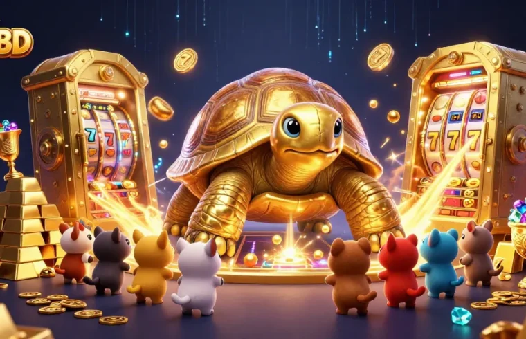 Experience excitement at 75BD with a vibrant 3D casino illustration showcasing a golden tortoise and treasures.