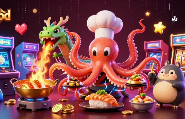 Experience thrilling gaming at 35bd with a vibrant arcade-inspired illustration featuring a sushi chef octopus.