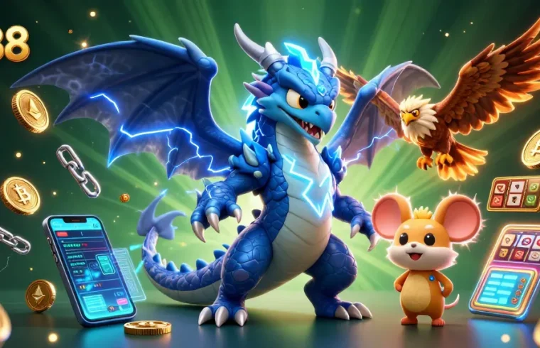 Experience the electrifying world of lu88 with vibrant dragons, hawks, and crypto elements.