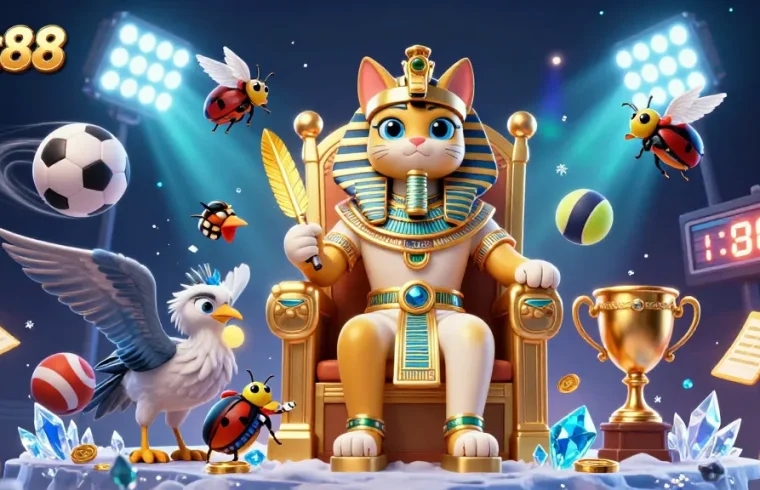 Experience the thrill of net88 with a lively illustration of a pharaoh cat and sports elements.