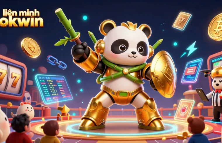 Experience excitement with liên minh okwin as dynamic robots and casino elements collide in vibrant 3D art.
