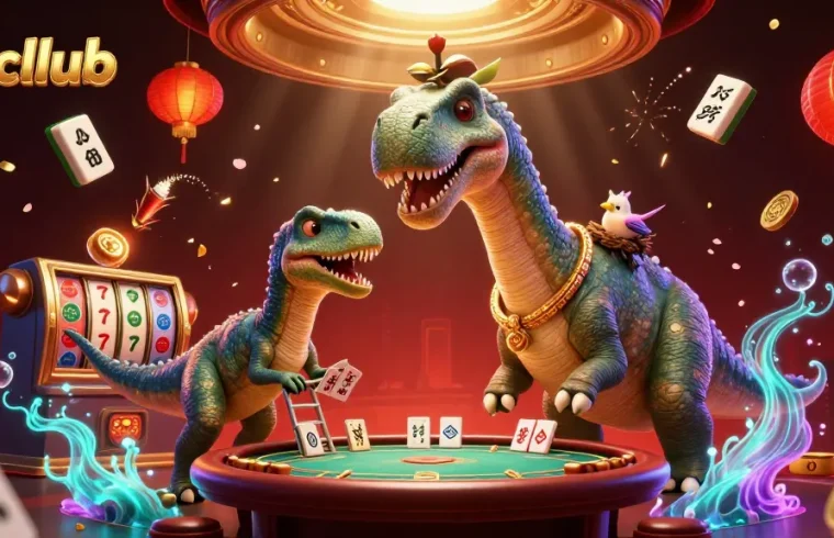 Experience hitcllub through an engaging scene featuring a brontosaurus and gaming elements, showcasing excitement in a vibrant casino.