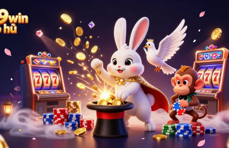Spin and win with 789win nổ hũ, featuring a magician rabbit, poker chips, and slot machine excitement!