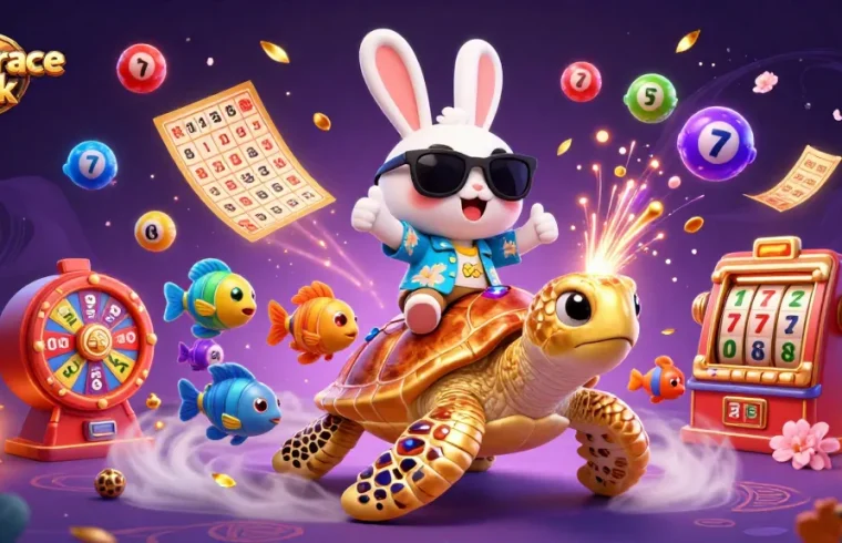Engage with superace ink in an exciting 3D casino scene featuring a lucky rabbit and golden turtle.