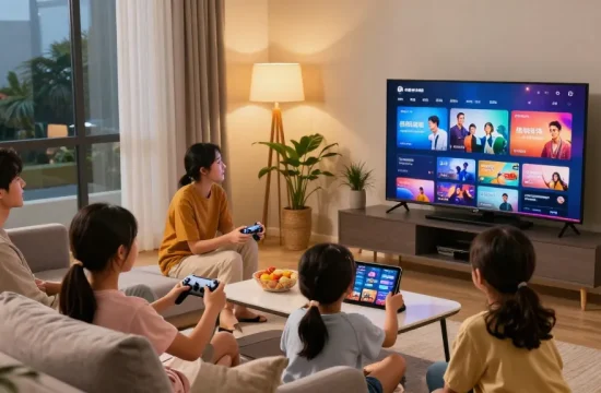 Família assistindo IPTV em sala de estar moderna e aconchegante.