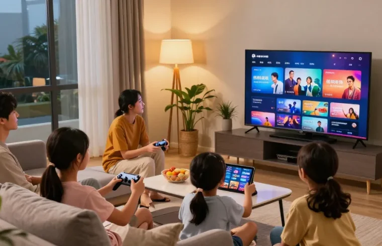 Família assistindo IPTV em sala de estar moderna e aconchegante.