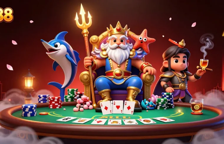 Engage with Go88’s thrilling casino experience featuring Neptune and a samurai amidst colorful poker elements.