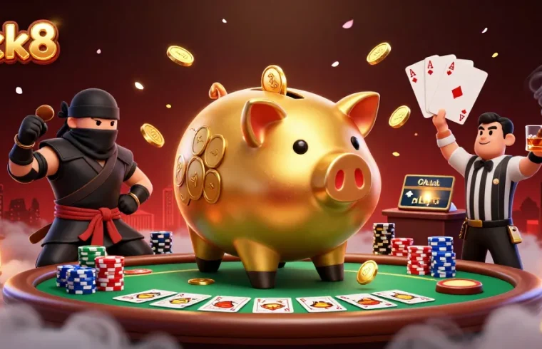 Engage with luck8's vibrant casino scene featuring dynamic characters, golden coins, and exciting poker elements.