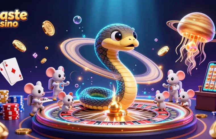 Experience gaming fun with ginaste casino as whimsical mice place bets on a cosmic roulette.