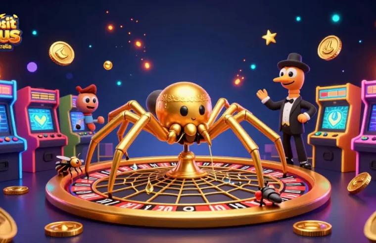 Engage with no deposit bonus casino australia featuring a golden spider and centipede croupier in a vivid 3D casino scene.