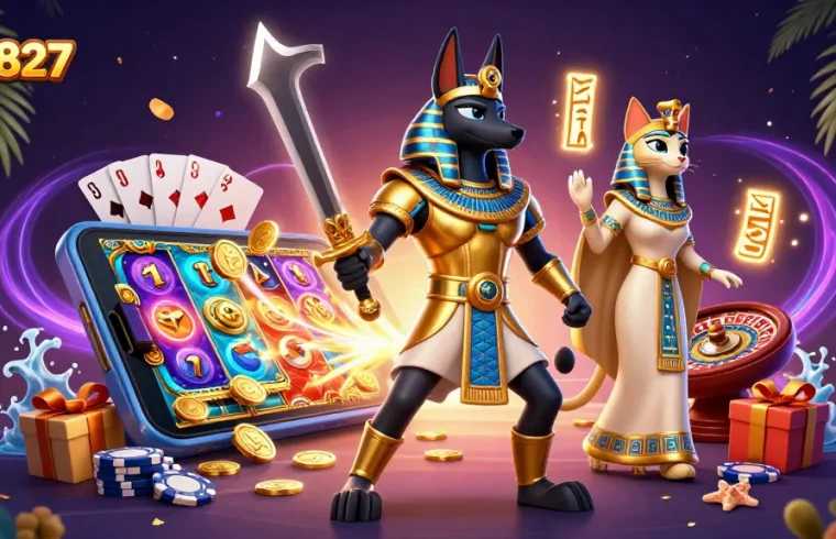 Experience exciting gaming action with qq8827 featuring Anubis and Bastet amidst vibrant slot game elements.