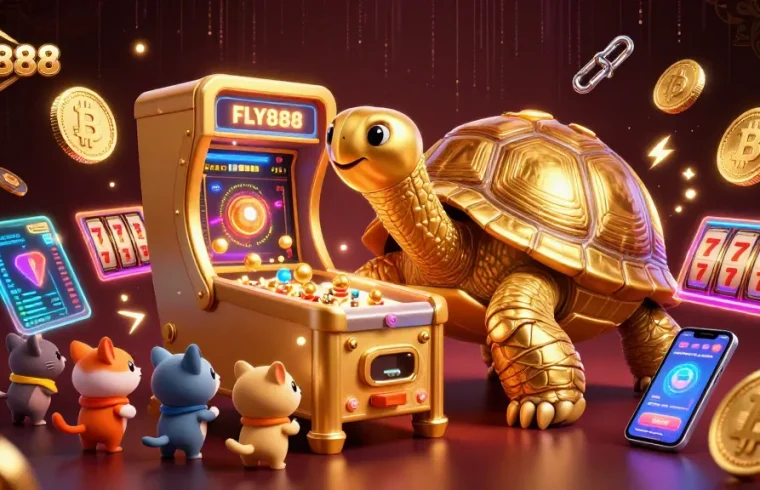 Experience exciting gaming at FLY888 with a vibrant casino-themed illustration showcasing slots and crypto elements.
