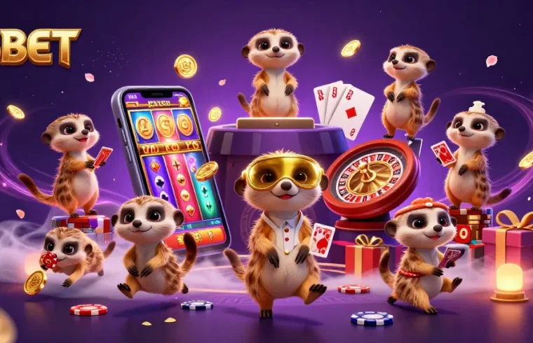 F8BET meerkats managing a lively casino operation with colorful slot games and dynamic elements.