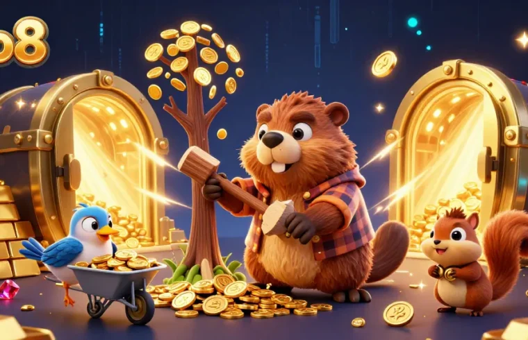 Collect coins and treasures at Go8 with the animated beaver, bird, and squirrel in a vibrant casino scene.