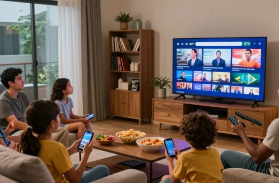 Família assistindo programas do bestbraziliptv em uma sala de estar aconchegante.