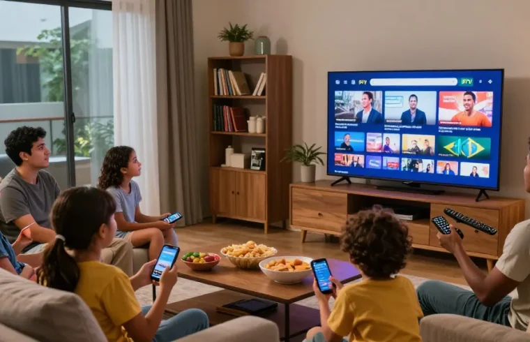 Família assistindo programas do bestbraziliptv em uma sala de estar aconchegante.