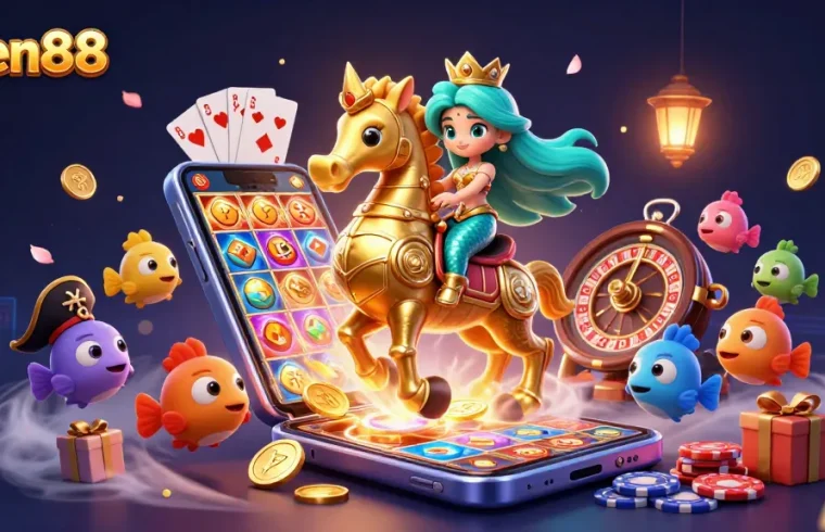 Experience open88's vibrant online gaming landscape with a 3D mermaid and seahorse amid slot games and fortune symbols.